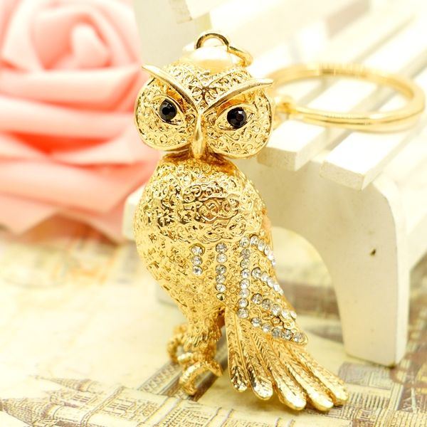 animal owl keyring ring rhinestone crystal metal alloy pendant car key chains gold tone plated cute women bag charms, Slivery;golden